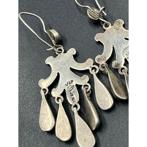 John H. Peckham, Sterling Mexico Green Stone Cabochon Chandelier Earrings Navajo - Picture 8 of 11